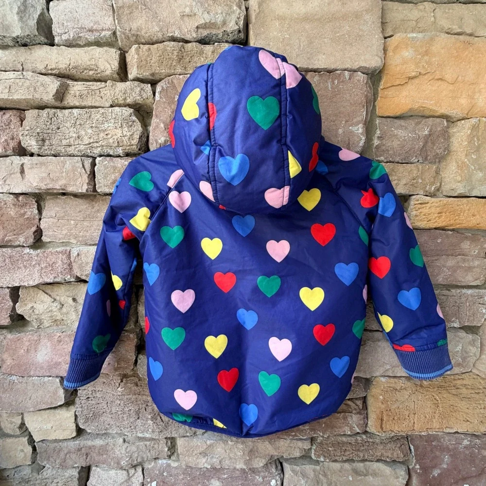 Mini Boden Girls 5-6Y Puffer Jacket Navy Blue Heart Fleece Lined Winter Coat